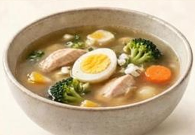 Egg & Chicken Broth Soup with clear broth, egg, grilled chicken and broccoli