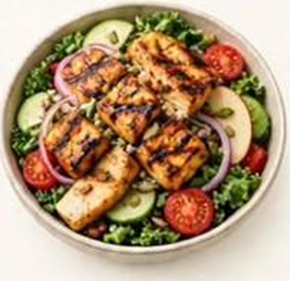 Paneer & BBQ Fruit Salad with paneer, cucumber, tomato and apple